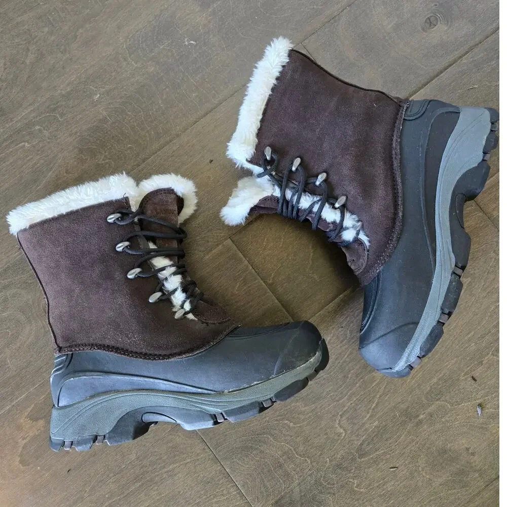 Lands' End Brown Suede Faux Fur Winter Snow Boots Women's US 8 Waterproof